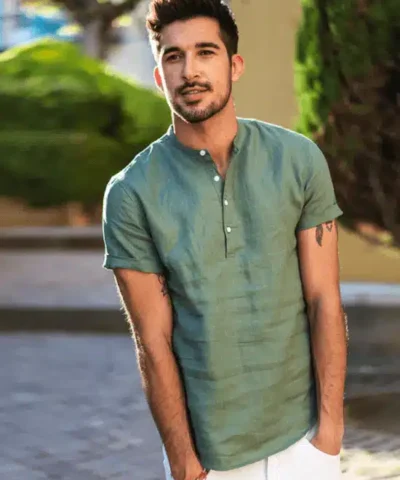 Men's 100% Linen Slim Fit Collarless Tops