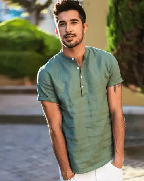 Men's 100% Linen Slim Fit Collarless Tops