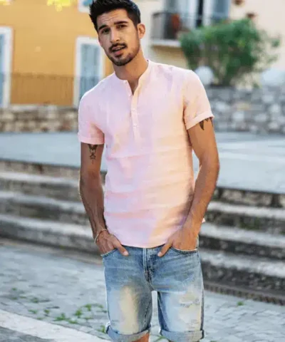 Men's 100% Linen Slim Fit Collarless Tops