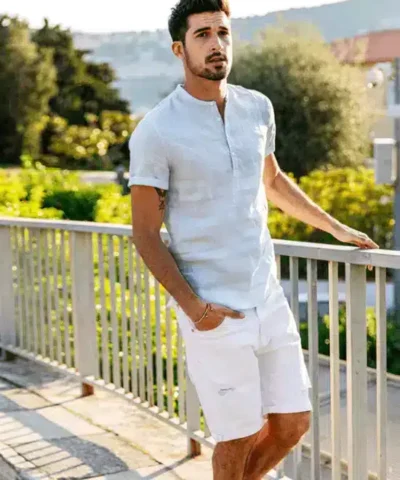 Men's 100% Linen Slim Fit Collarless Tops