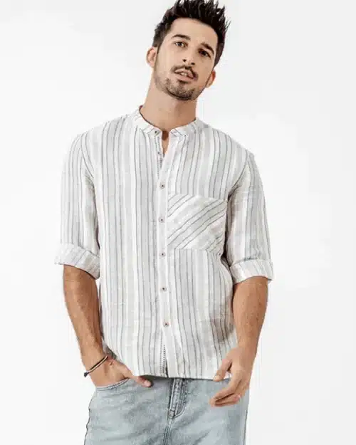 Men's  Linen Cotton Striped Three Quarter Sleeve Shirts