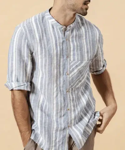 Men's  Linen Cotton Striped Three Quarter Sleeve Shirts