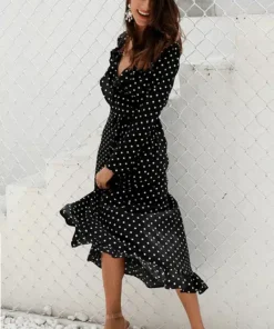 Women's Polka Dot Print Ruffle Wrap Long Dress