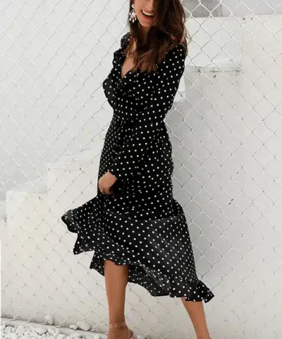 Women's Polka Dot Print Ruffle Wrap Long Dress