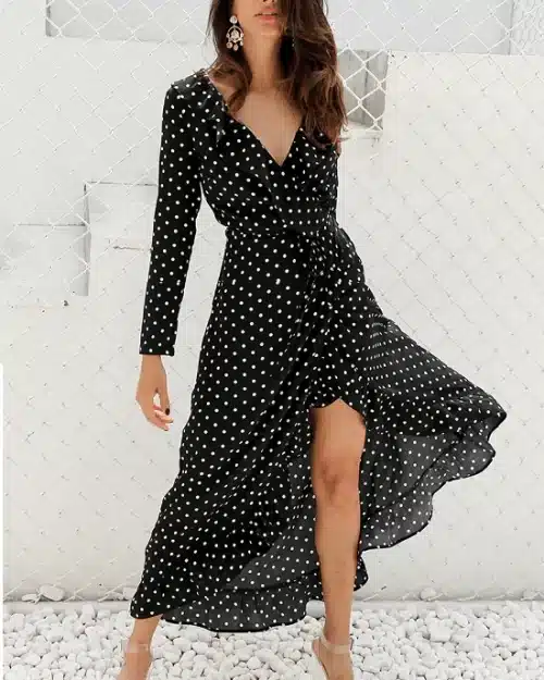 Women's Polka Dot Print Ruffle Wrap Long Dress