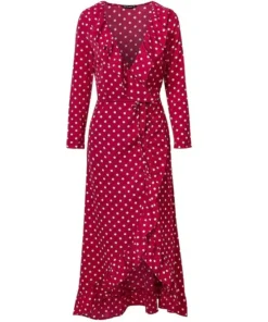 Women's Polka Dot Print Ruffle Wrap Long Dress