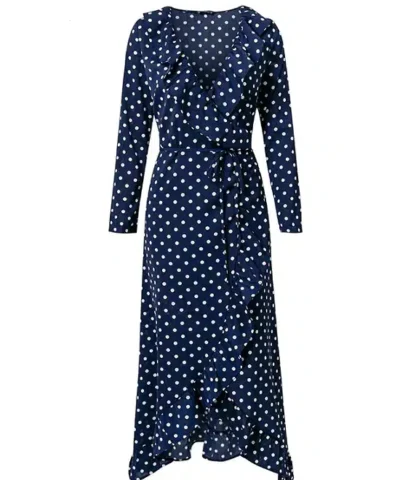 Women's Polka Dot Print Ruffle Wrap Long Dress
