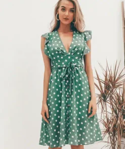 Women's V-Neck Casual Ruffle Midi Polka Dot Green Summer Dress