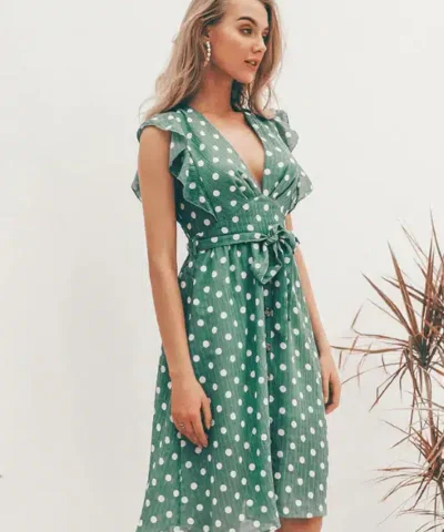 Women's V-Neck Casual Ruffle Midi Polka Dot Green Summer Dress