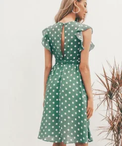 Women's V-Neck Casual Ruffle Midi Polka Dot Green Summer Dress