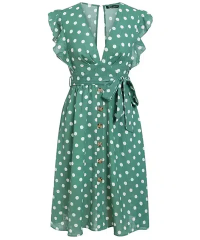 Women's V-Neck Casual Ruffle Midi Polka Dot Green Summer Dress