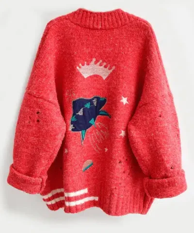 Women's Crown Embroidery Cardigans Poncho Single Breasted Knit Sweater