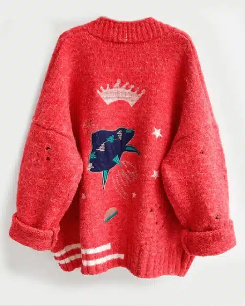 Women's Crown Embroidery Cardigans Poncho Single Breasted Knit Sweater