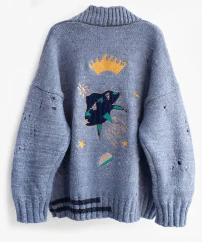 Women's Crown Embroidery Cardigans Poncho Single Breasted Knit Sweater