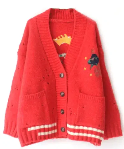 Women's Crown Embroidery Cardigans Poncho Single Breasted Knit Sweater