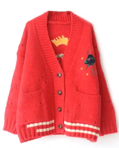 Women's Crown Embroidery Cardigans Poncho Single Breasted Knit Sweater