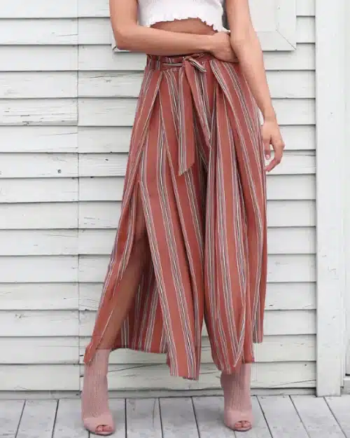 Women's Summer Beach High Waist Split Striped Pant