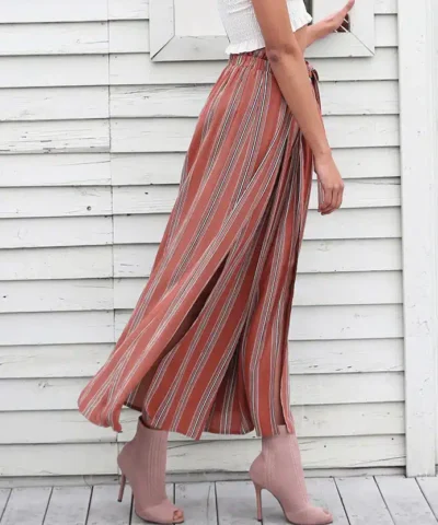 Women's Summer Beach High Waist Split Striped Pant