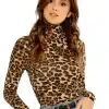 Women's Leopard Print Knit Jersey Long Sleeve Turtleneck Top