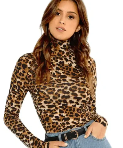 Women's Leopard Print Knit Jersey Long Sleeve Turtleneck Top