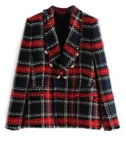Women's Vintage Double Breasted Frayed Checked Tweed Blazers Coat