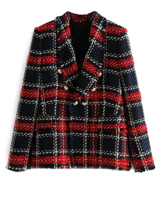 Women's Vintage Double Breasted Frayed Checked Tweed Blazers Coat