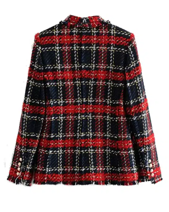 Women's Vintage Double Breasted Frayed Checked Tweed Blazers Coat
