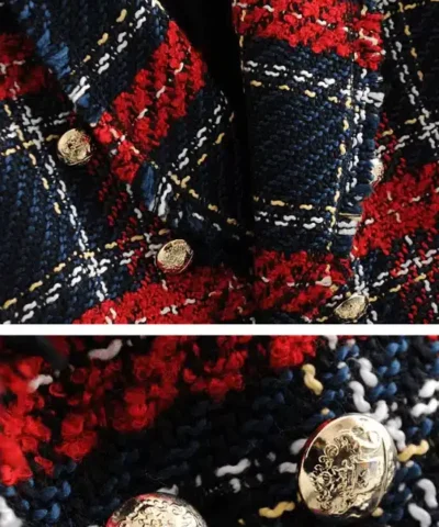 Women's Vintage Double Breasted Frayed Checked Tweed Blazers Coat