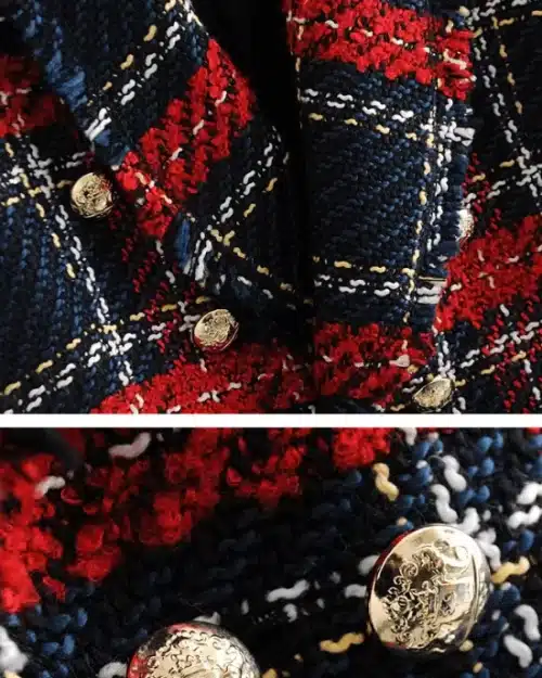 Women's Vintage Double Breasted Frayed Checked Tweed Blazers Coat