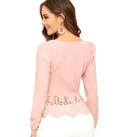 Women's Pink Button up Hollow out Square Hem Puff Sleeve Tops