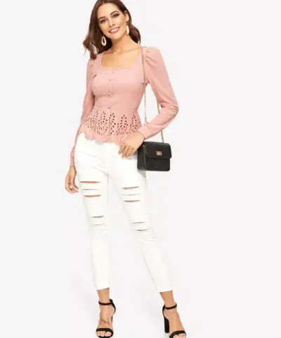 Women's Pink Button up Hollow out Square Hem Puff Sleeve Tops