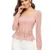 Women's Pink Button up Hollow out Square Hem Puff Sleeve Tops