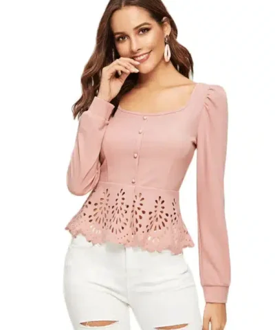 Women's Pink Button up Hollow out Square Hem Puff Sleeve Tops
