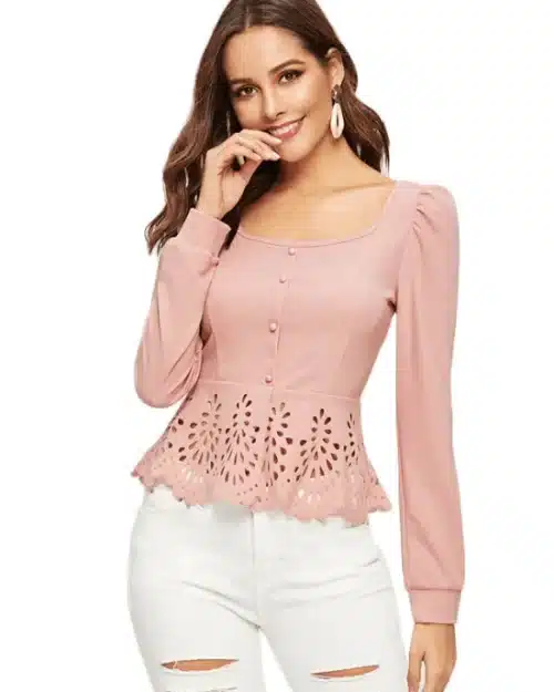 Women's Pink Button up Hollow out Square Hem Puff Sleeve Tops