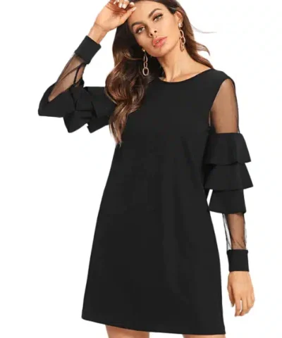 Women's Ruffle Long Sleeve Black A Line Work Mini Dresses