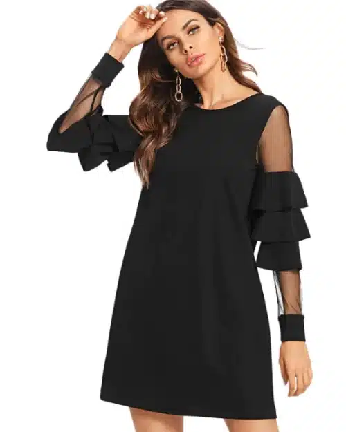 Women's Ruffle Long Sleeve Black A Line Work Mini Dresses