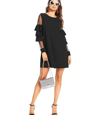 Women's Ruffle Long Sleeve Black A Line Work Mini Dresses