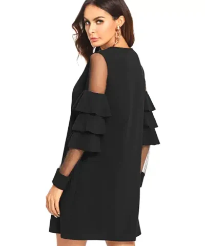 Women's Ruffle Long Sleeve Black A Line Work Mini Dresses
