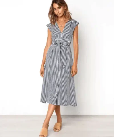 Women's V Neck Sleeveless Button Striped Long Dresses
