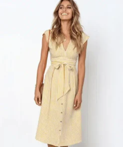 Women's V Neck Sleeveless Button Striped Long Dresses