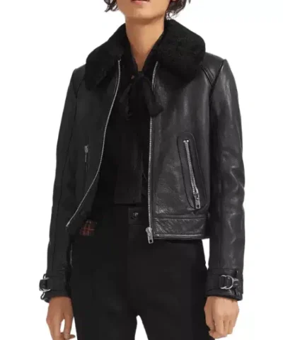 Basara Real Sheep Shearling-Collar Leather Moto Jacket