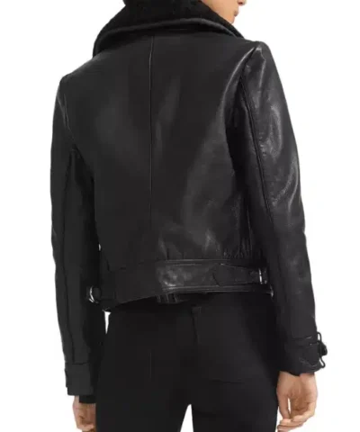 Basara Real Sheep Shearling-Collar Leather Moto Jacket