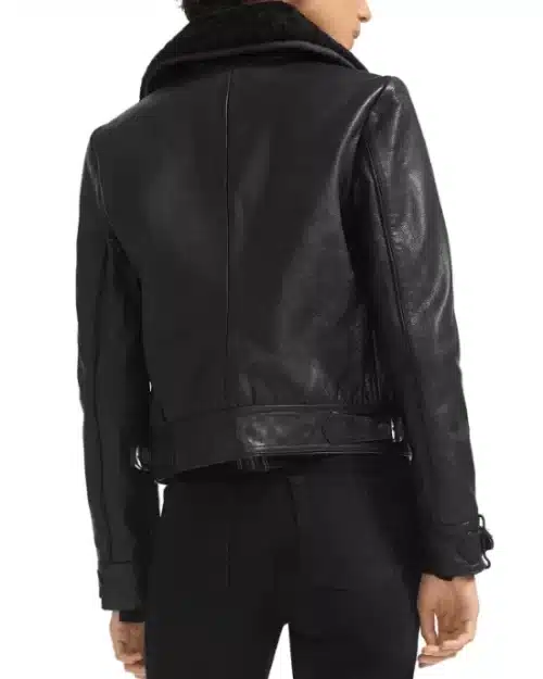 Basara Real Sheep Shearling-Collar Leather Moto Jacket