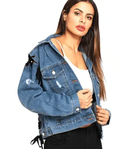 Women's Lace Up Ripped Single Breasted Denim Jacket