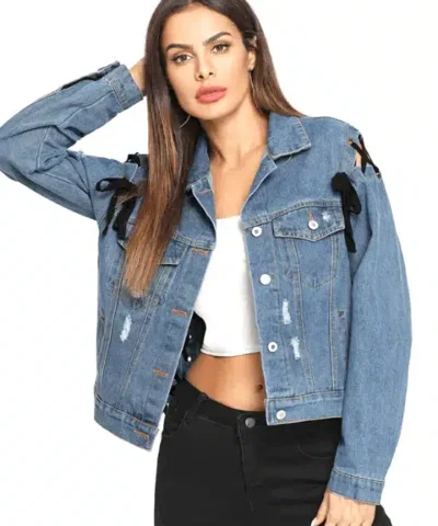 Women's Lace Up Ripped Single Breasted Denim Jacket
