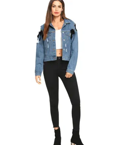 Women's Lace Up Ripped Single Breasted Denim Jacket