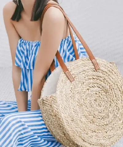 Women's Hand Straw Woven Natural Oval Large Big Tote