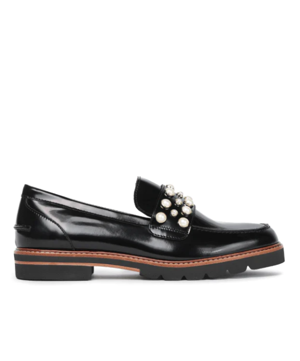 Stuart Weitzman Faux Pearl Embellished Glossed Leather loafers