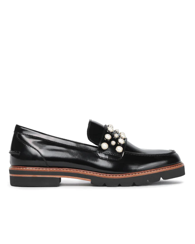 Stuart Weitzman Faux Pearl Embellished Glossed Leather loafers