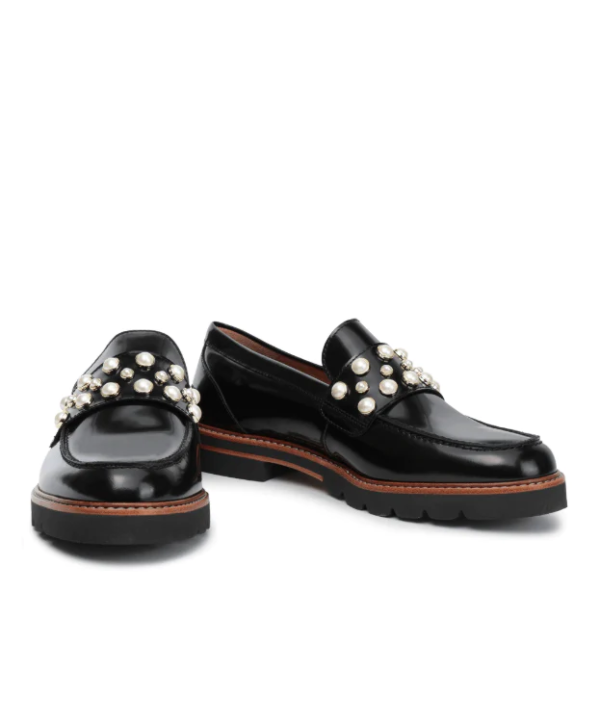 Stuart Weitzman Faux Pearl Embellished Glossed Leather loafers